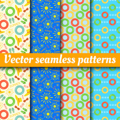 Collection of vector seamless patterns. Summer backgrounds. Summer, sun, beach accessories