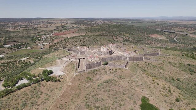 Historic Fort Nossa de Senhora da Graca, aerial wide shot. Elvas, Portugal