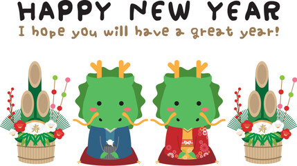 2024年　竜の年賀状　着物ペア　Happy New Year 手書き風文字メッセージ英語