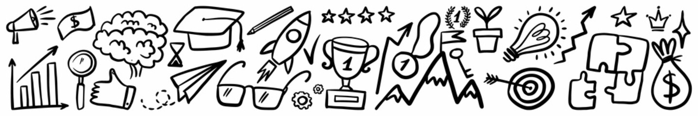 A horizontal collection of icons of business success and victory, hand-drawn in the style of doodles.