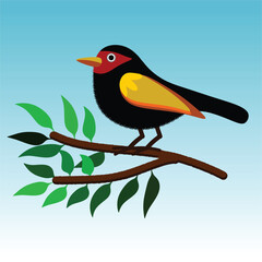 Tropical bird on a tree branch. Vector illustration.