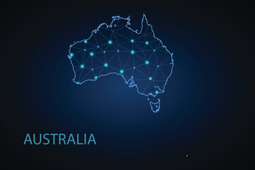 Map Australia from the contours network blue, luminous space stars of vector illustration.
