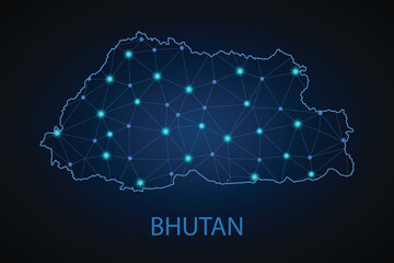 Map of Bhutan from Polygonal wire frame low poly mesh, contours network line, luminous space stars, design sphere, dot and structure. Vector Illustration EPS10.