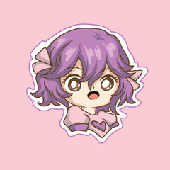 Cute cartoon girl with purple hair. Vector illustration isolated on white background.