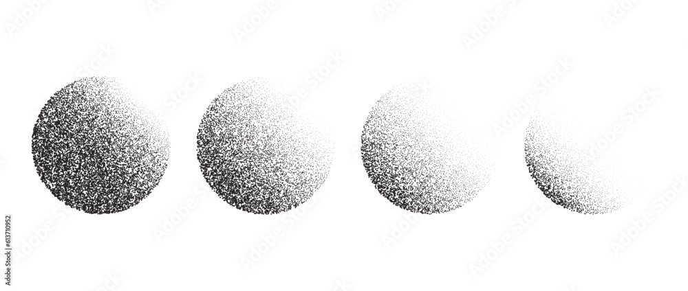 Poster Set of textured gradient spheres. Black dotted circles collections. Stippled grain round elements pack. Fading noise gradient dotwork shapes. Stippled or halftone effect illustrations bundle. Vector 