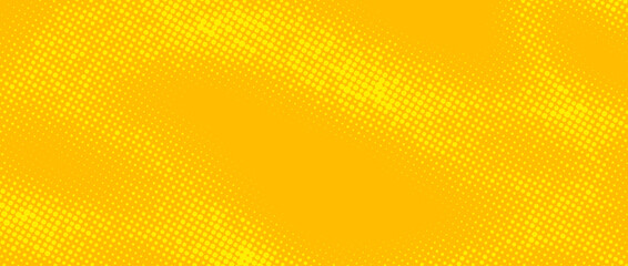 Bright yellow halftone background. Retro comic grain texture. Pixelated dots cartoon wallpaper. Pop art fading wavy gradient pattern. Vector backdrop.