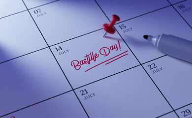 Happy Bastille day. July 14. close up words Bastille day written on a white Calendar