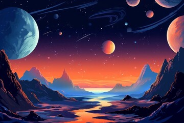 Fototapeta premium Interstellar wonders: An awe-inspiring illustration of the vast outer space, showcasing distant galaxies, sparkling stars, and mysterious celestial objects, inviting exploration Generative AI