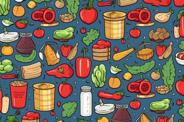 Farm-to-market charm: A seamless pattern featuring line icons of fruits, vegetables, honey, eggs, meat, and fish, capturing the essence of a vibrant farmer's market. Generative AI