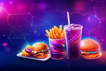 Flavorful fast food fusion: A dark purple vector background adorned with tantalizing images of delicious fast food. Set against a blurred abstract backdrop with a colorful gradient, Generative AI
