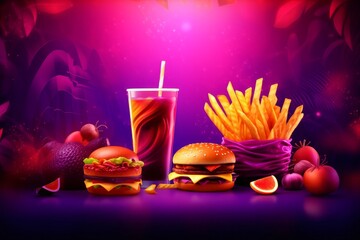 Flavorful fast food fusion: A dark purple vector background adorned with tantalizing images of delicious fast food. Set against a blurred abstract backdrop with a colorful gradient, Generative AI