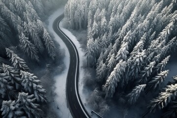 Curvy windy road in snow covered forest, top down aerial view. Generative AI