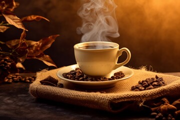 Cup of coffee with smoke and coffee beans in burlap sack on coffee tree background. Generative AI