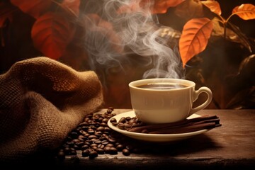 Cup of coffee with smoke and coffee beans in burlap sack on coffee tree background. Generative AI
