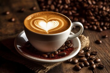 Obraz premium Cup of coffee latte with heart shape and coffee beans on old wooden background. Generative AI
