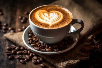 Cup of coffee latte with heart shape and coffee beans on old wooden background. Generative AI