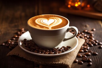 Cup of coffee latte with heart shape and coffee beans on old wooden background. Generative AI