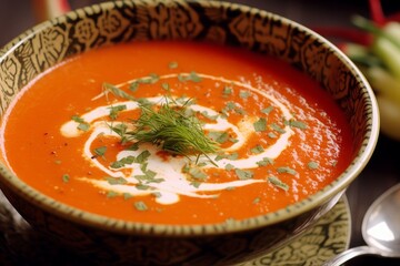 Creamy red pepper soup with horseradish: A vibrant blend of flavors in a comforting bowl. Generative AI
