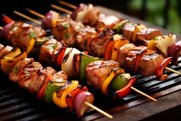 Barbecue delight: Grilled chicken and pepper kebabs sizzling on the grill, a tempting feast for the senses. Generative AI