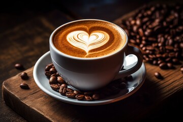Cup of coffee latte with heart shape and coffee beans on old wooden background. Generative AI