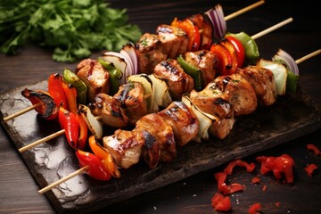 Barbecue delight: Grilled chicken and pepper kebabs sizzling on the grill, a tempting feast for the senses. Generative AI