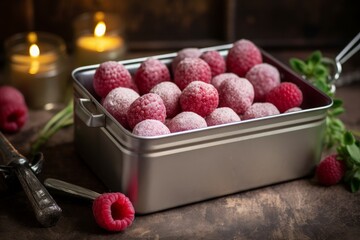 Cake pops with raspberries in a metal tin. Generative AI