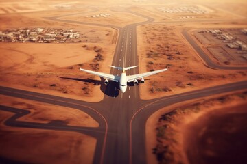 Aerial view of narrow body aircraft departing airport runway. Generative AI