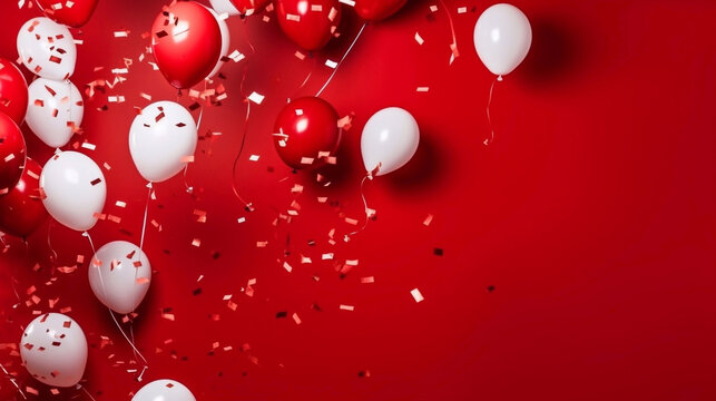White and red balloons in red isolated background with confetti. AI Generative Image