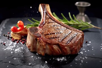 the photorealism of Grilled tomahawk steak on a slate plate with salt, pepper, and rosemary.