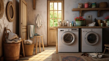 Interior of home laundry room with modern washing machine WhiteLaundry room interior with washing machine, basket, and white shelves.