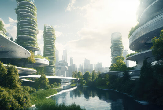 an image of a city created with plants and a tree, generative AI