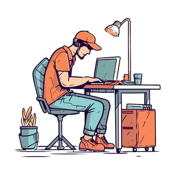man sitting at desk, working on computer