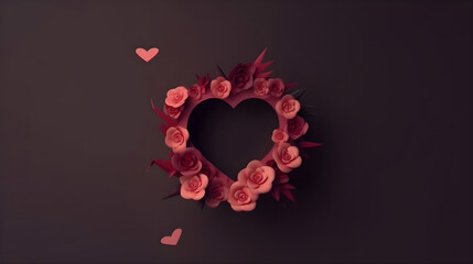 Illustration of pink template copy space heart or love shape and flower ornament element. Valentines day, birthday, wedding anniversary, present or romantic couple greetings. Generative AI technology.