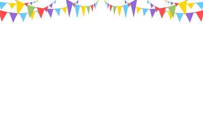 Celebrate hanging triangular garlands. Colorful perspective flags party isolated on white background. Birthday, Christmas, anniversary, and festival fair concept. Vector illustration.