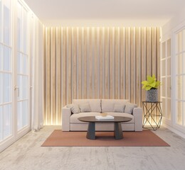 The empty wall behind is a minimalist style wooden battens. with sofa living room has a door that opens left and right.3d rendering
