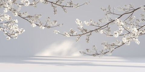 3d cherry blossom with nature light background for cosmetic, perfume and product presentation. 3d rendering illustration.