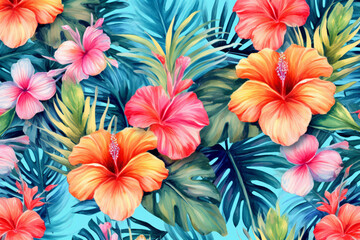 Watercolor hibiscus flowers , Floral and leaves background. AI-generated image