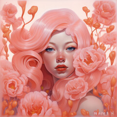 woman pastel portrait beautiful beauty trend face girl tender flower colourful. Generative AI.