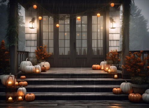 pumpkin fall porch decoration leaf holiday halloween wooden house door. Generative AI.