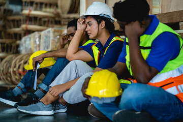 A diverse group of warehouse workers felt sad and stressed at the moment. Dismissal, bankruptcy,...