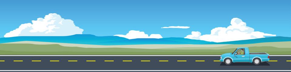 Fototapeta na wymiar Cartoon transport travel for banner. Pickup car with driving for travel. Asphalt road near the green meadow. with mountain under blue sky and white clouds for background.