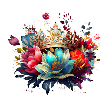 Colorful art of a beautiful flower with a crown transparent background, generative ai