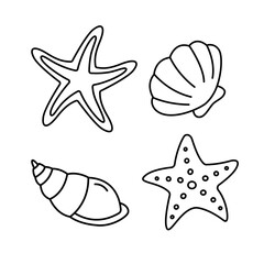 Hand drawn Sea shells and star doodle contour line drawing set marine design elements collection,