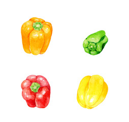 ピーマンとパプリカのセット　夏野菜の手描き水彩イラスト素材集