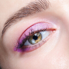 Obraz premium Closeup macro shot of human female eye with pink eyes shadows