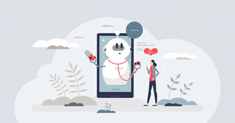Chatbots in healthcare with health support and assistance tiny person concept. Digital doctor with patient treatment consultations, prescriptions specialist and smart modern tool vector illustration.