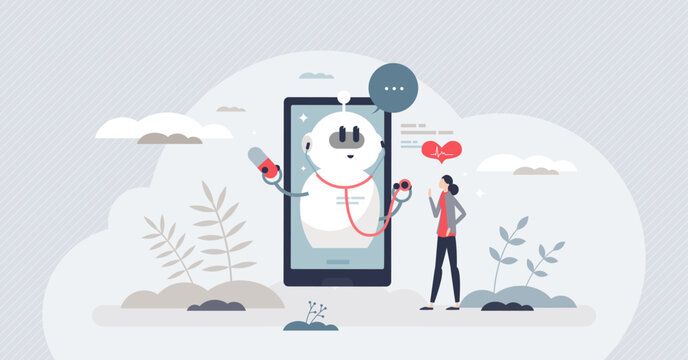 Chatbots in healthcare with health support and assistance tiny person concept. Digital doctor with patient treatment consultations, prescriptions specialist and smart modern tool vector illustration.