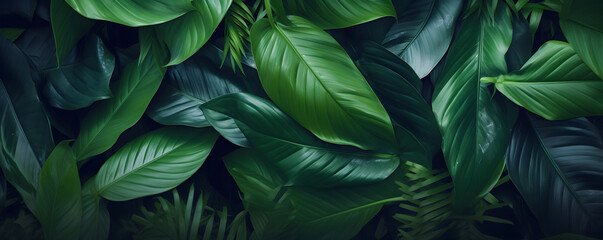 Naklejka na ściany i meble closeup tropical green leaf background. Flat lay, fresh wallpaper banner concept