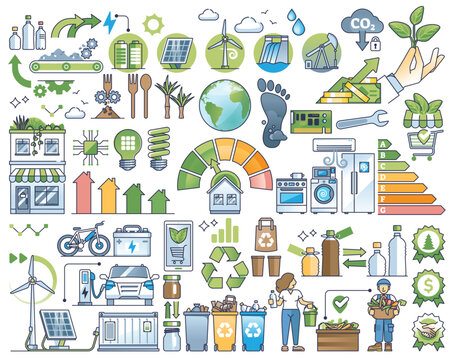 General Eco Friendly Elements With Sustainable Ecology Outline Collection Set. Item Group With Waste Management, Resource Effective Consumption And Alternative Nature Energy Vector Illustration.