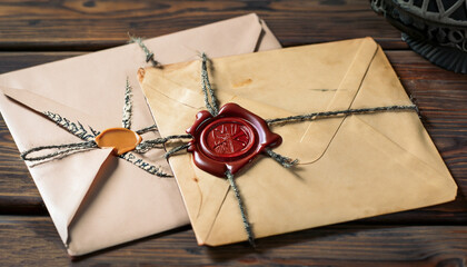 Old envelopes with a wax magic witch stamp on wooden table